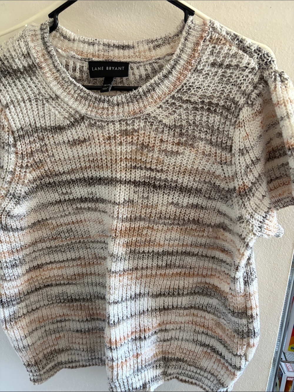 Lane Bryant Cream, Gray & Tan Striped Short-Sleeve Crew Sweater